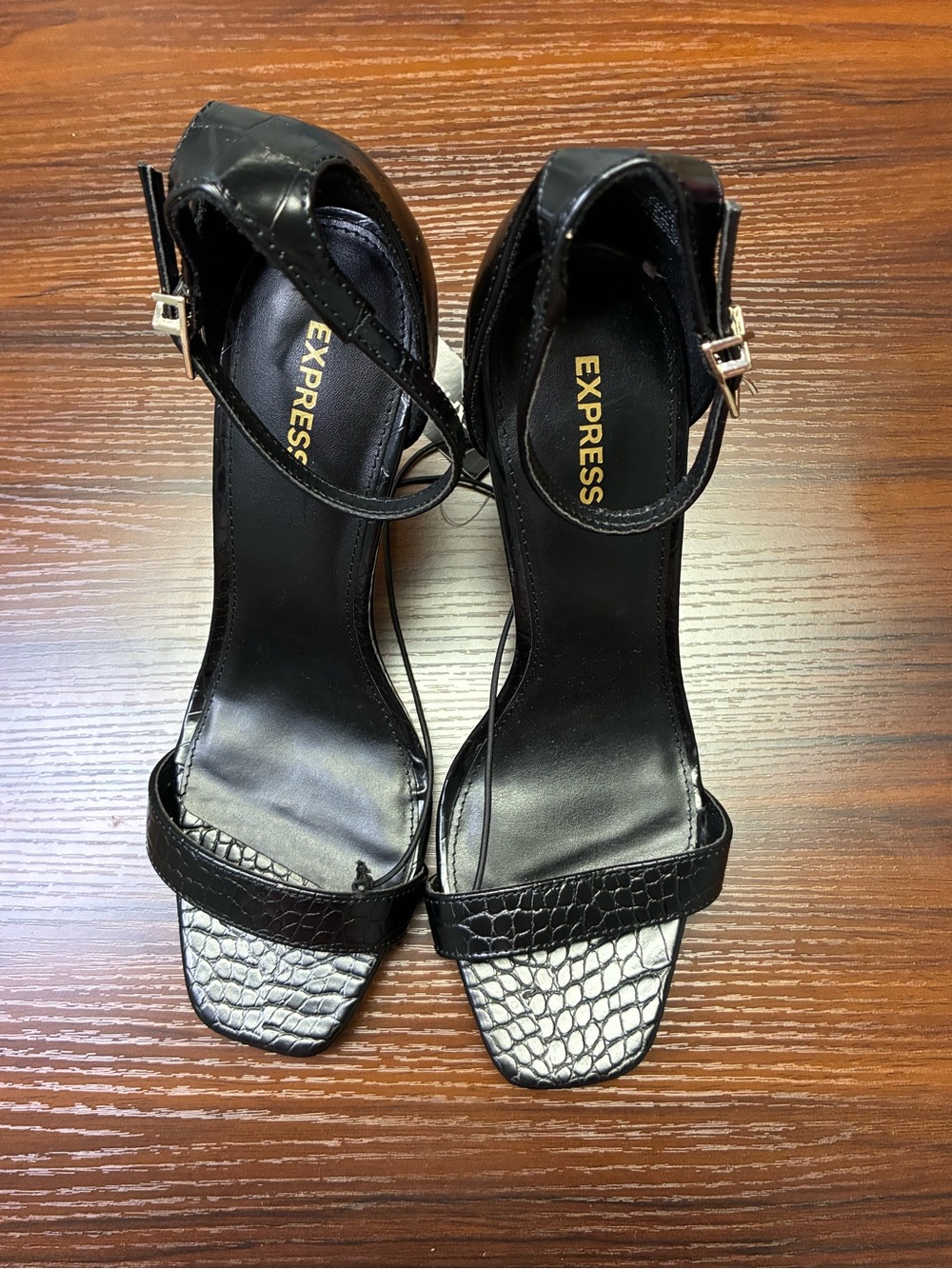 Express Black Croc-Detail Ankle Strap Heels